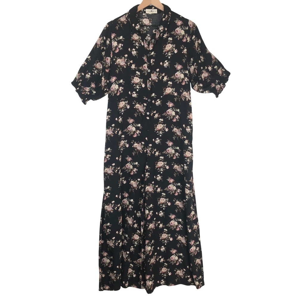 NATURAL LIFE Floral Wide Leg Jumpsuit Sz M Black Puff Sleeve Tie Button Pockets